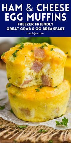 ham and cheese egg muffins stacked on top of each other with text overlay