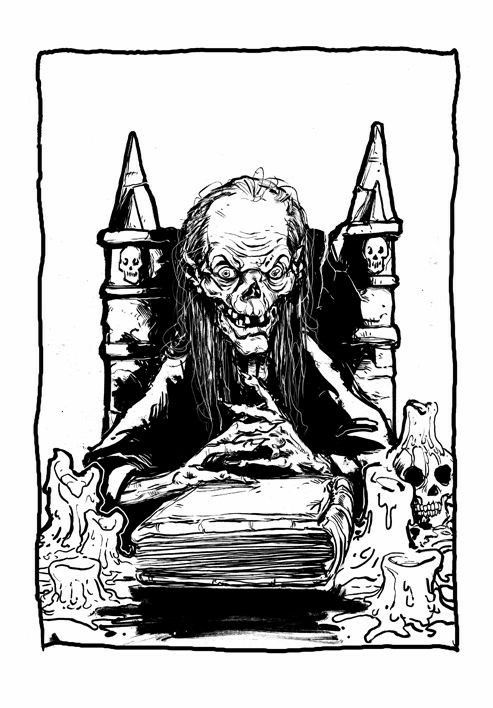 a black and white drawing of a person sitting in a chair with an evil face on it