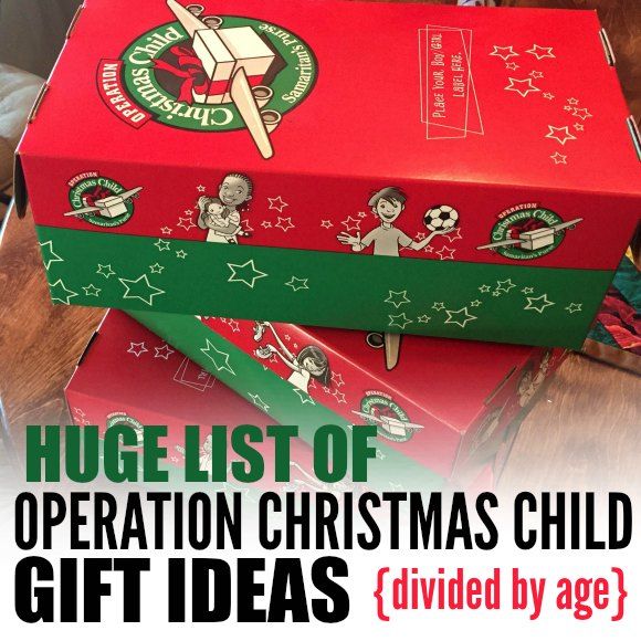 three christmas gift boxes stacked on top of each other with the words huge list of operation christmas child gifts divided by age