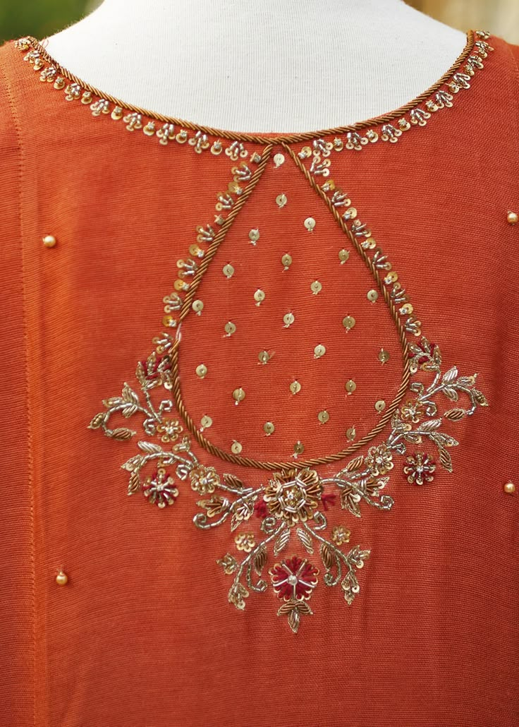 Neckline Work Designs, Embroidery On Orange Fabric, Zardozi Work Suits, Delicate Embroidery Design, Embellished Sleeves, Hand Beaded Embroidery, Embroidery On Kurtis, Kurti Embroidery Design, Net Lehenga