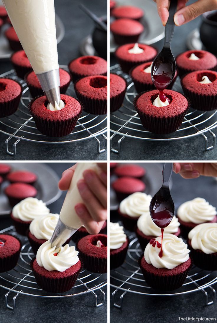 the process of making red velvet cupcakes with icing being drizzled