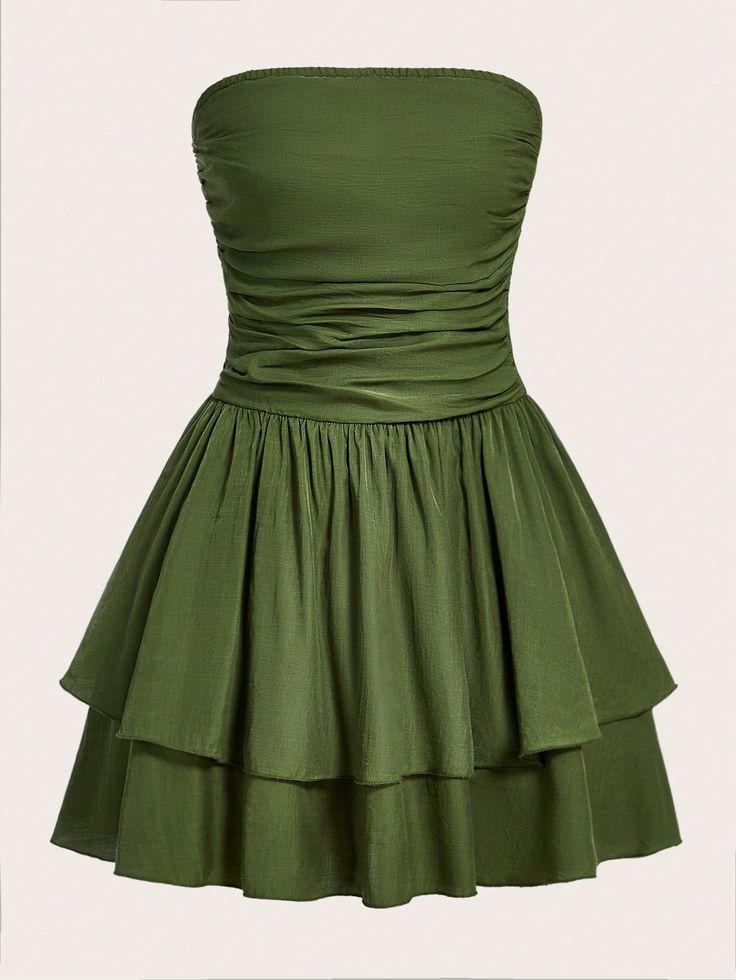 Army Green Casual Collar Sleeveless Woven Fabric Plain A Line Embellished Non-Stretch  Women Clothing Green Birthday Outfit, Green Dress Mini, Green Ruffle Dress, Short Green Dress, Olive Green Dresses, Green Mini Dress, Grad Dresses, Women Midi, Women Dresses