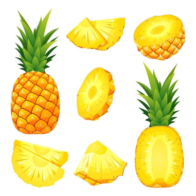 pineapple slices and pieces on a white background