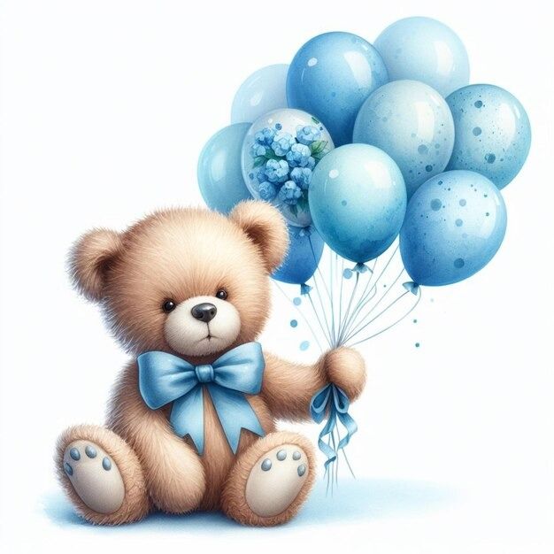 a brown teddy bear holding blue and white balloons