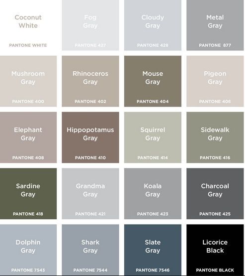 several shades of gray are shown in the same color scheme for different rooms and bathrooms