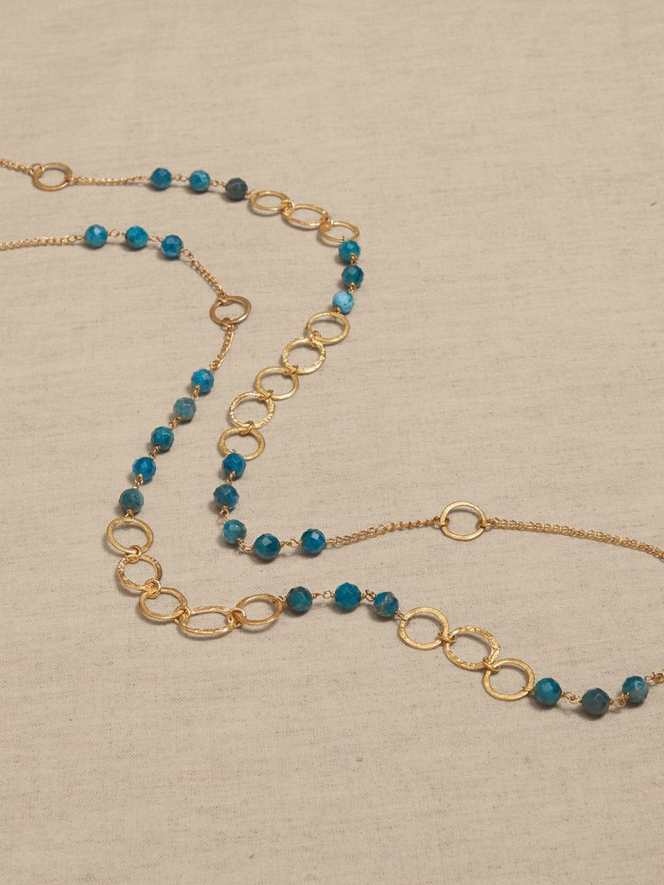 Blue Apatite & Chain Long Necklace | Aureus + Argent | Banana Republic Boho Jewellery Necklaces, Apatite Necklace, Wire Jewelry Tutorial, Trending Necklaces, Beads Bracelet Design, Golden Jewelry, Long Beaded Necklace, Blue Apatite, Unique Jewelry Designs