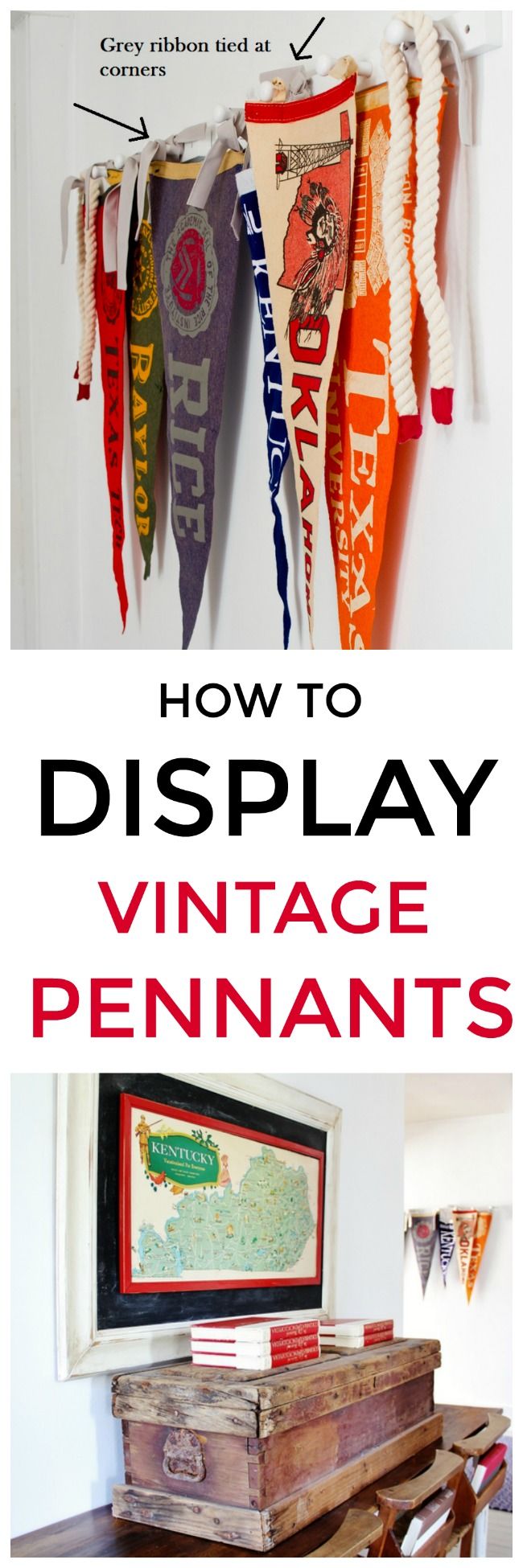 how to display vintage pennants on the wall in an old dresser or desk with text overlay