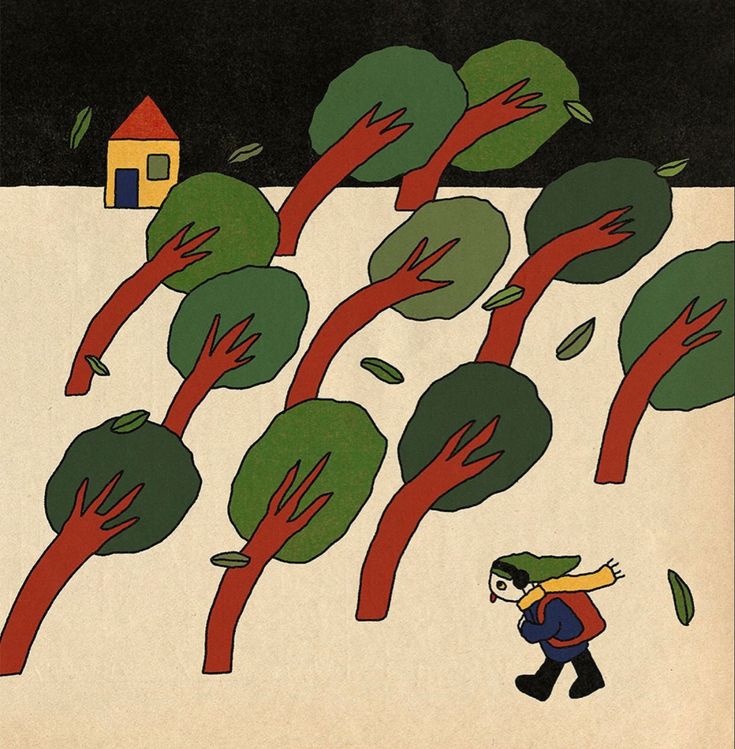 an illustration of a person walking in front of trees