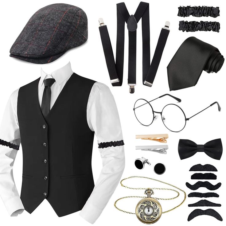 PRICES MAY VARY. 【1920s Accessories Set】: You will get our 1920s men's accessories pack including vest*1, beret*1, glasses*1, tie*1, bow tie*1, pocket watch*1, smoking pipe*1, suspenders*1, fake beard*6, tie clip*2, cufflinks*2, armband*2. All of which are items with strong retro elements, very suitable for all kinds of retro gentleman looks. This is the perfect complement to your outfit, making every appearance stand out. Enjoy the fun with this 1920s accessories set! 【Carefully Selected Materi Men 1920s Fashion, Great Gatsby Party Outfit For Men, 1920s Fashion Male, 1920s Fashion Men, 1920s Mens Costume, Outfit With Vest, 1920 Party, Gangster Costume, Drowsy Chaperone