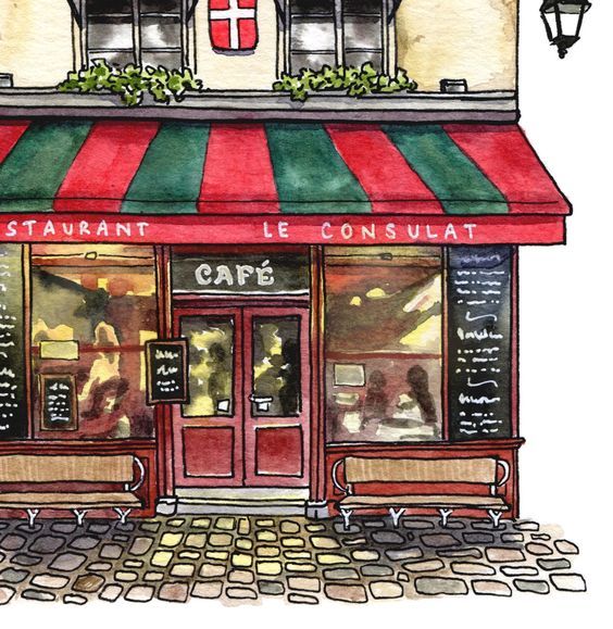 a drawing of a restaurant with red and green awnings on the front door