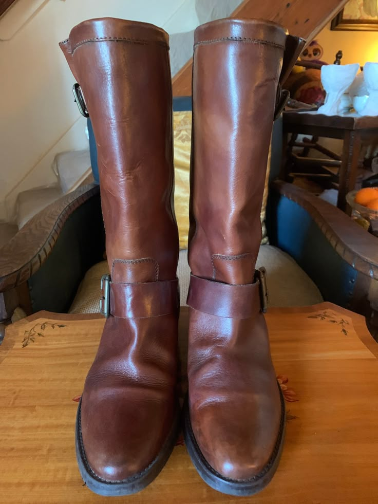 "Vintage Leather Unisex Cowboy Boots, Size 41, Joh Lewis A fabulous pair of tan leather cowboy boots, leather lined with adjustable side brass buckle straps at the ankle and top. make them great unisex boots. These are a fantastic pair of leather boots which have had very little wear. In excellent condition. Size Europe 41/ UK 8, Height 13.5\"/34.5cm" Western Brown Bridle Leather Boots, Rugged Brown Wide Calf Boots, Rugged Wide Calf Brown Boots, Rugged Brown Moto Boots With Leather Lining, Western Bridle Leather Boots For Fall, Brown Rugged Moto Boots With Buckle Closure, Rugged Brown Moto Boots For Rodeo, Brown Round Toe Work Boots For Riding, Brown Work Boots For Fall Rodeo