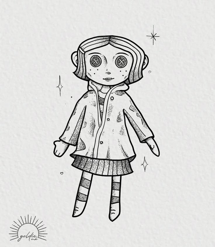 a black and white drawing of a girl in a coat