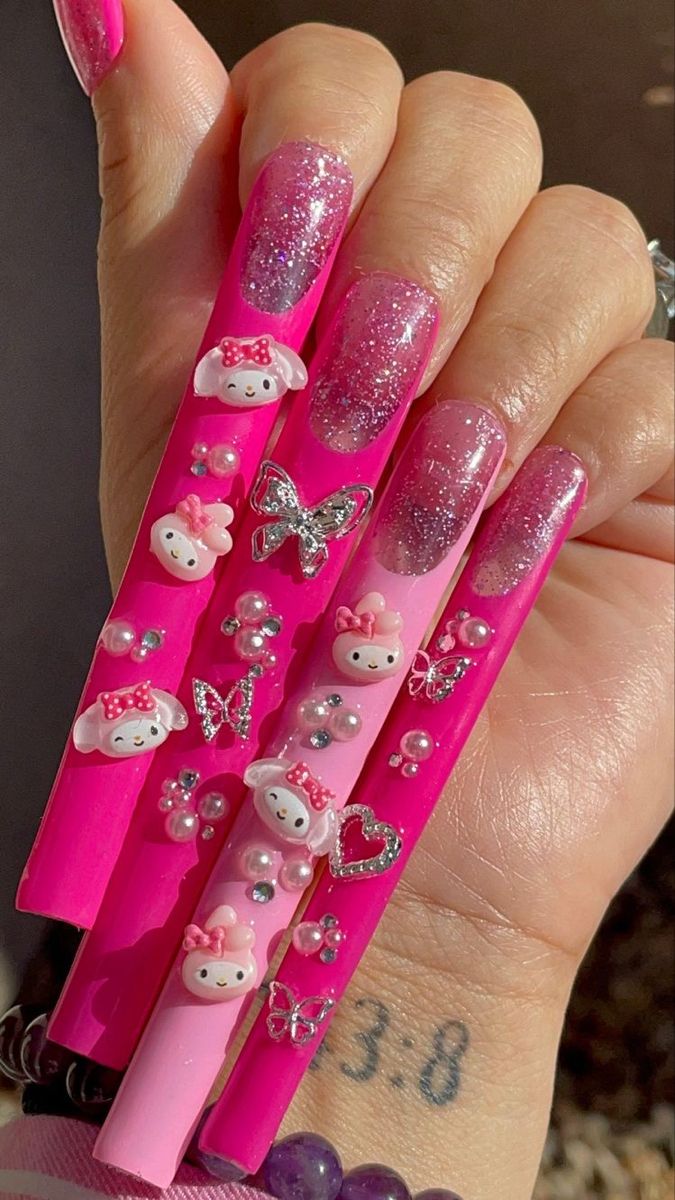 Pink On Pink French Tip, Really Long Nails, Hearts And Butterflies, Nails Model, Uñas Aesthetic, Pink French Tip, Bling Nail Art, Crazy Nail Designs, Kawaii Charms