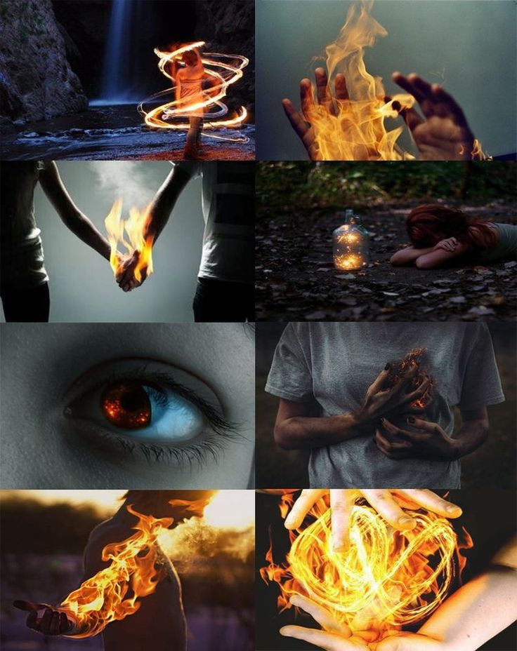 many different pictures with fire and water in the middle one has an eye on it