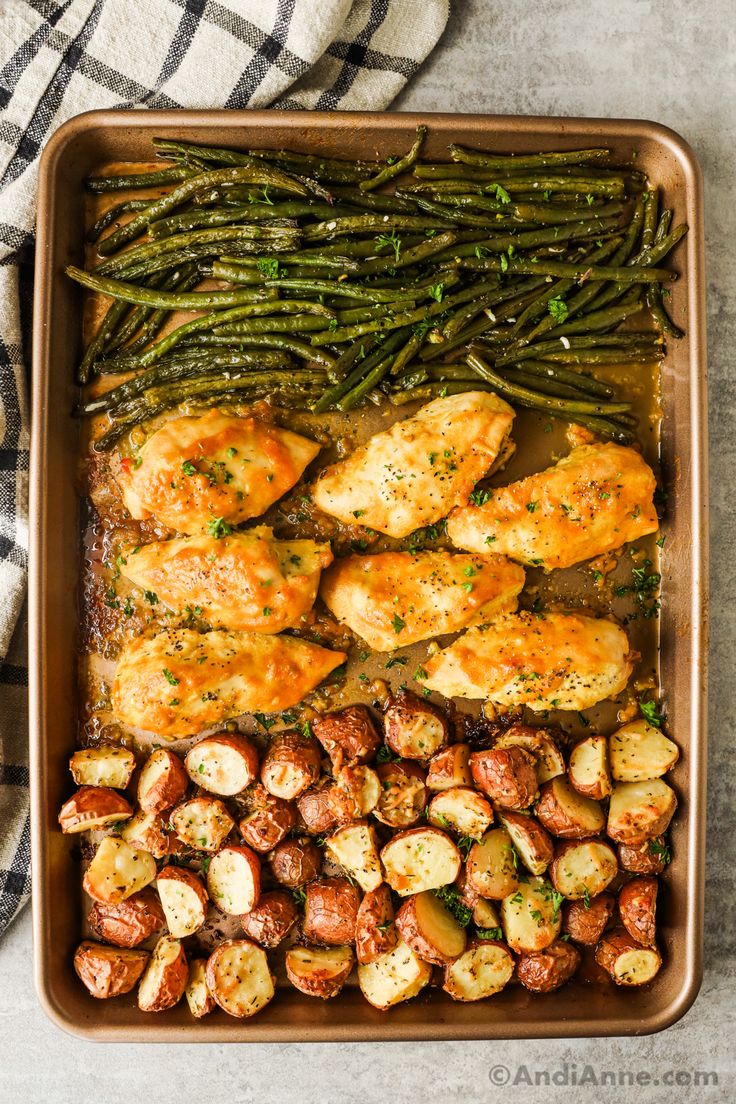 chicken, potatoes and green beans in a casserole dish