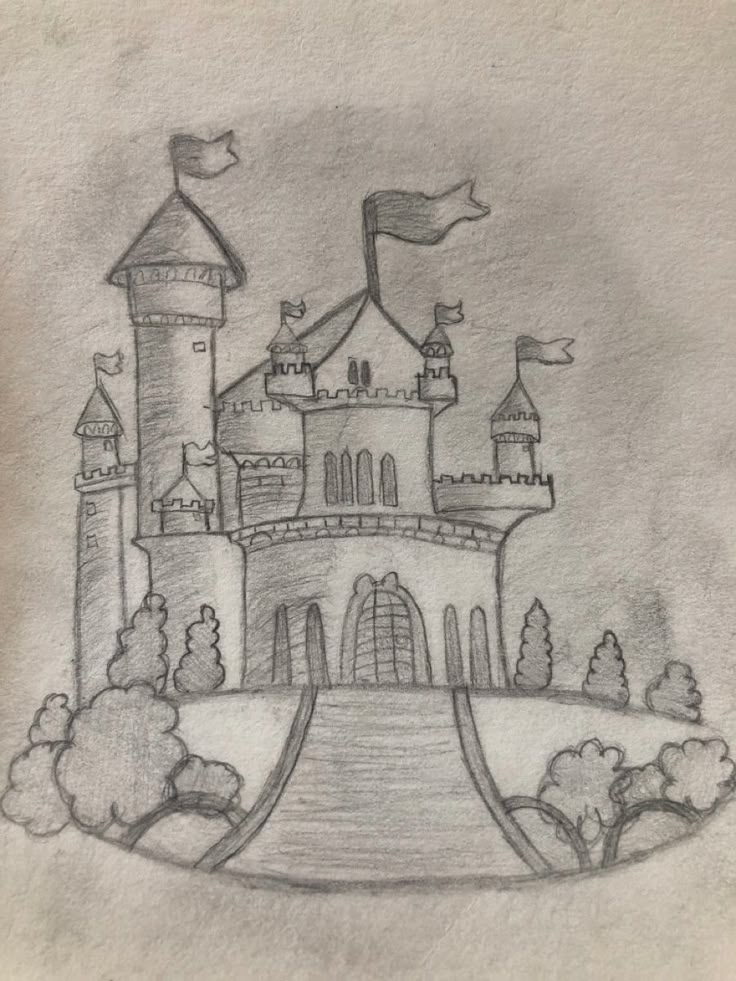 a drawing of a castle with flags on it