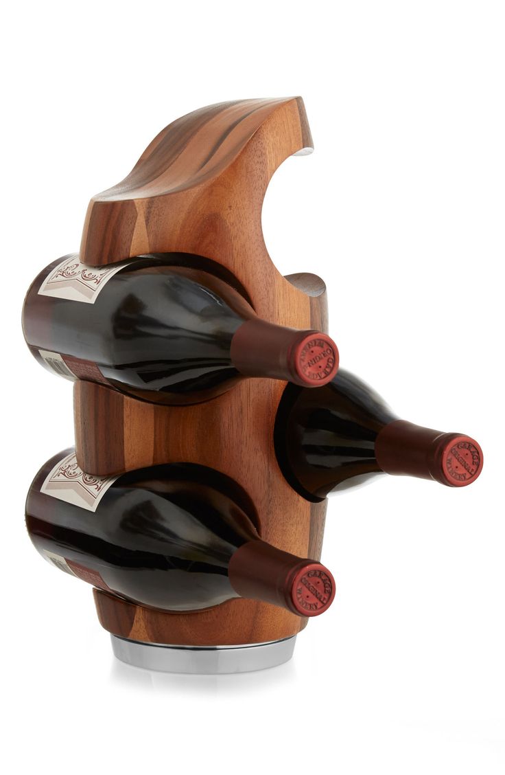 three bottles of wine are placed in a wooden holder on a white background, with the top half turned upside down