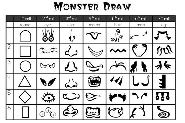 the monster draw game is shown in black and white, with different symbols on it