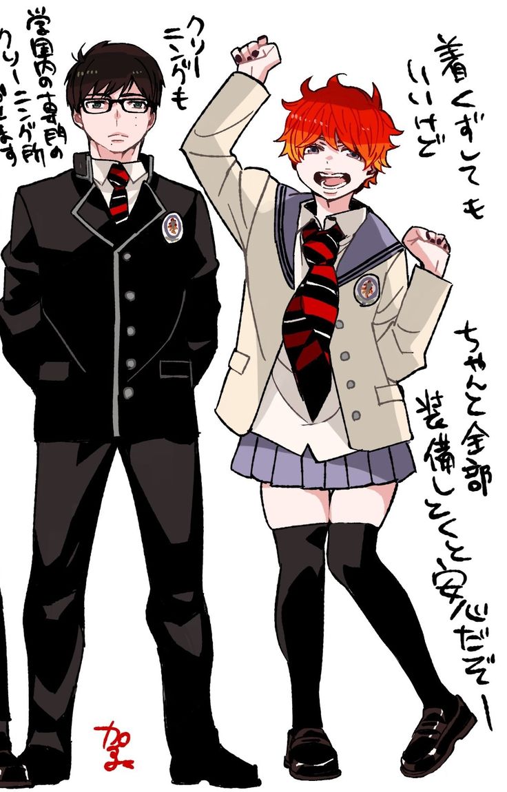 two anime characters are standing next to each other with their hands up in the air