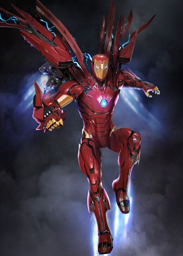 the iron man character is flying through the air with his arms outstretched in front of him