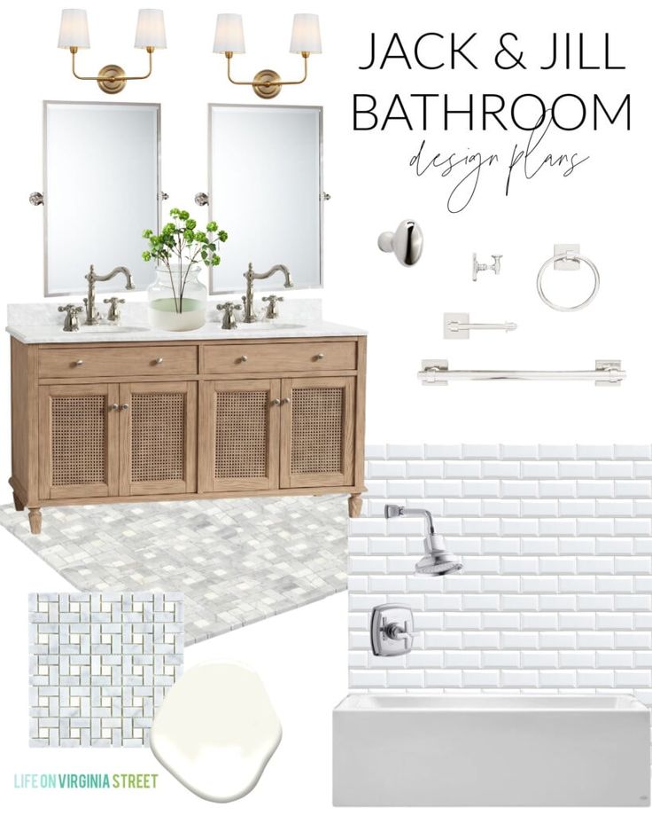 a bathroom with white tile and wood cabinets