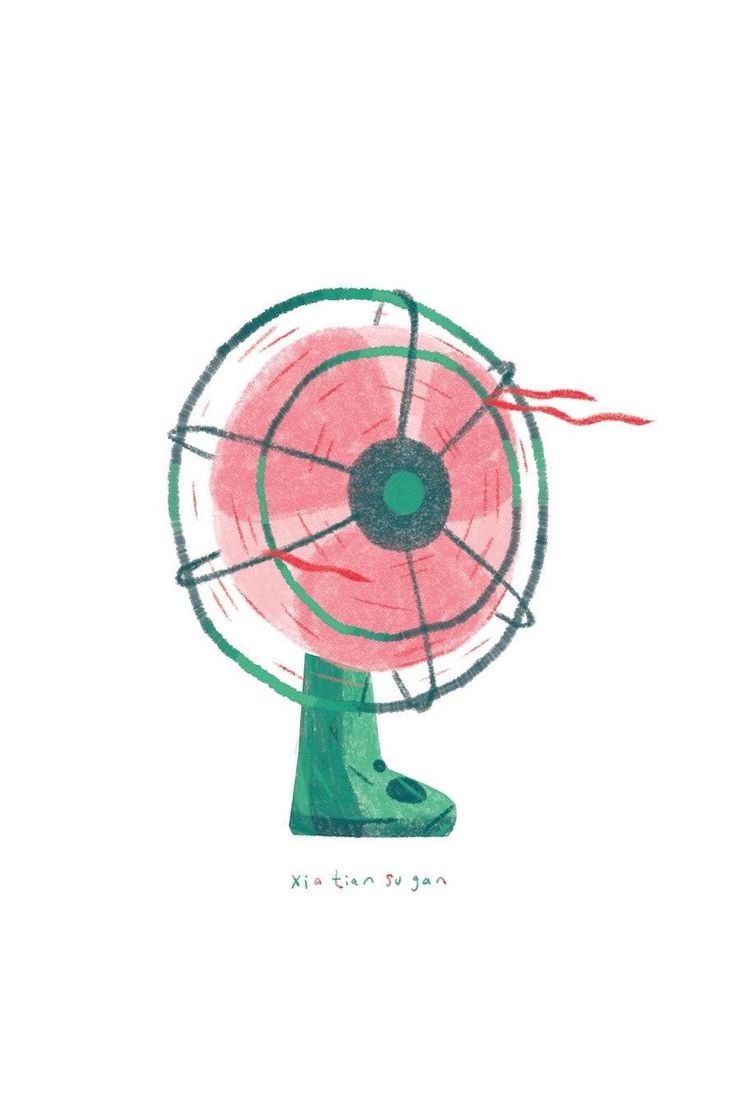 a drawing of a pink and green fan