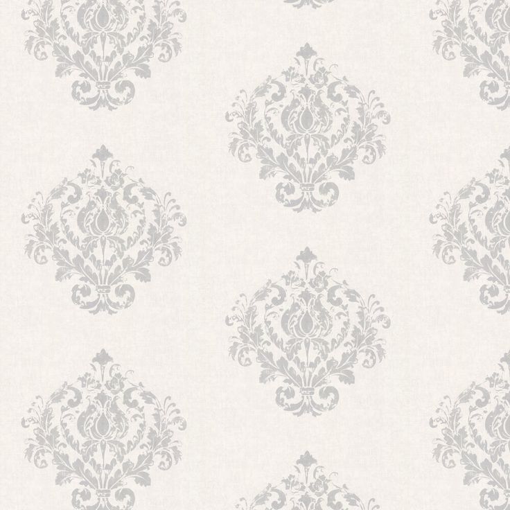 a white and grey wallpaper with an ornate design