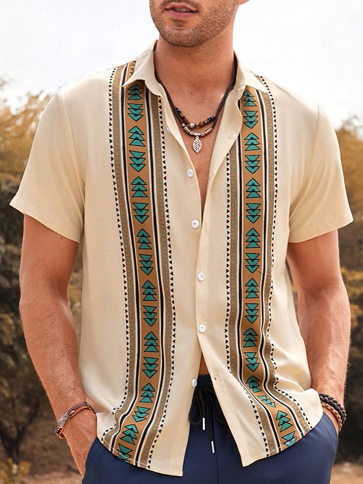 Apricot Boho Collar Short Sleeve Fabric Geometric,Tribal Shirt Embellished Non-Stretch Summer Men Clothing Brunch Outfits, Printing Shirt, Boho Men, Mens Holiday, Slim Fit Top, Mens Stripes, Men Shirts, Boho Patterns, Elegant Dresses Long