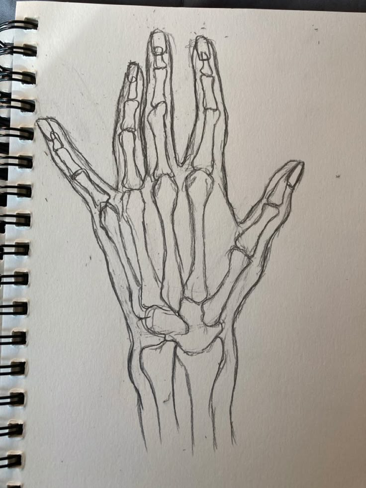 a drawing of a hand holding something in it's right hand, on top of a notebook