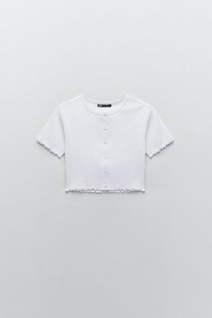 Zara Crop Top Outfits, White Crop Top Outfit, Zara White Shirt, Buttoned Crop Top, Zara Croptop, Zara Tshirt, Button Crop Top, Girls Tie, Cut Sweatshirts