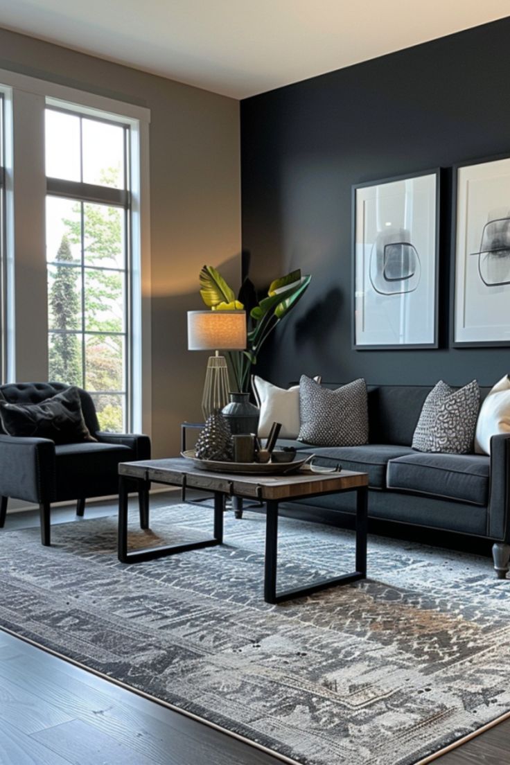 a living room with two couches and a coffee table in front of large windows