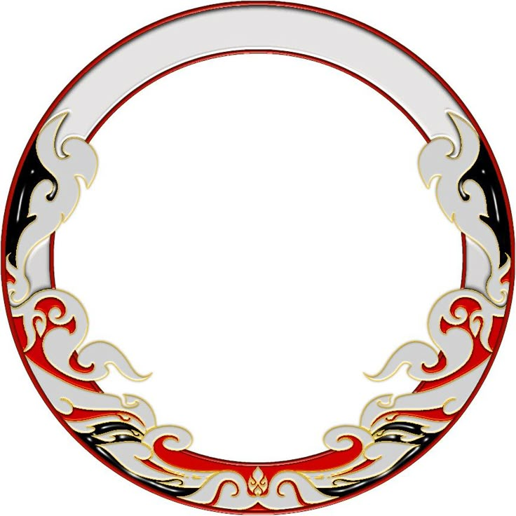 a red and white circular frame with an ornate design on the bottom, in front of a white background