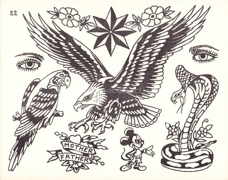 an old school tattoo design with eagle, snake and star on the back of it