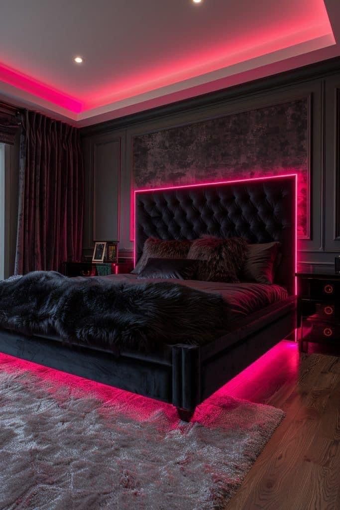 a large bed in a room with pink lights on the walls and carpeted floor