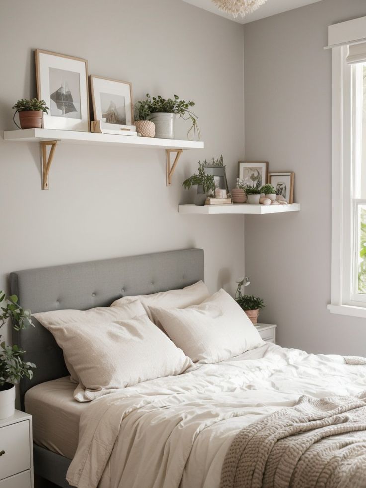 a bed with white linens and pillows in a bedroom next to two plants on the wall