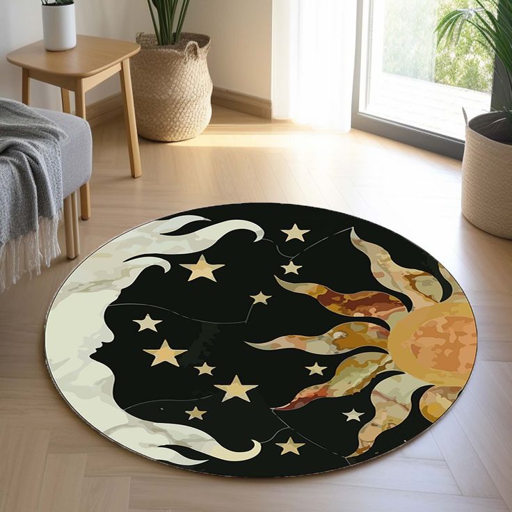 a round rug with the sun and stars on it