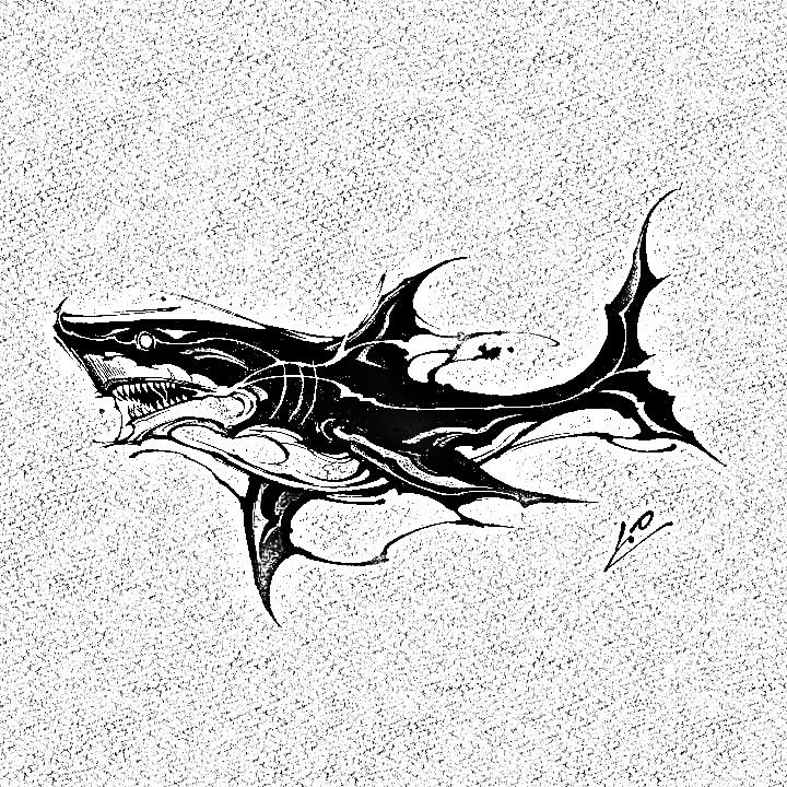 a black and white drawing of a shark