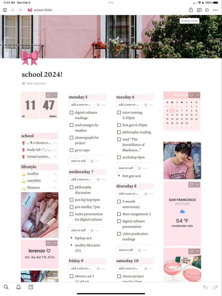 the school calendar is displayed in pink