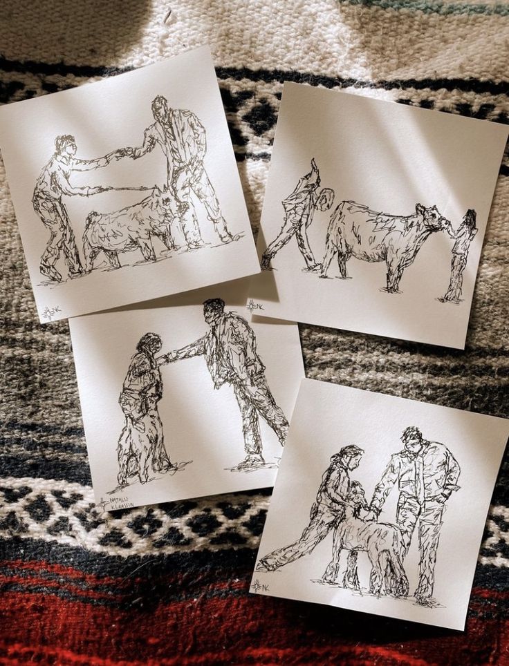 four cards with drawings of people and animals on them