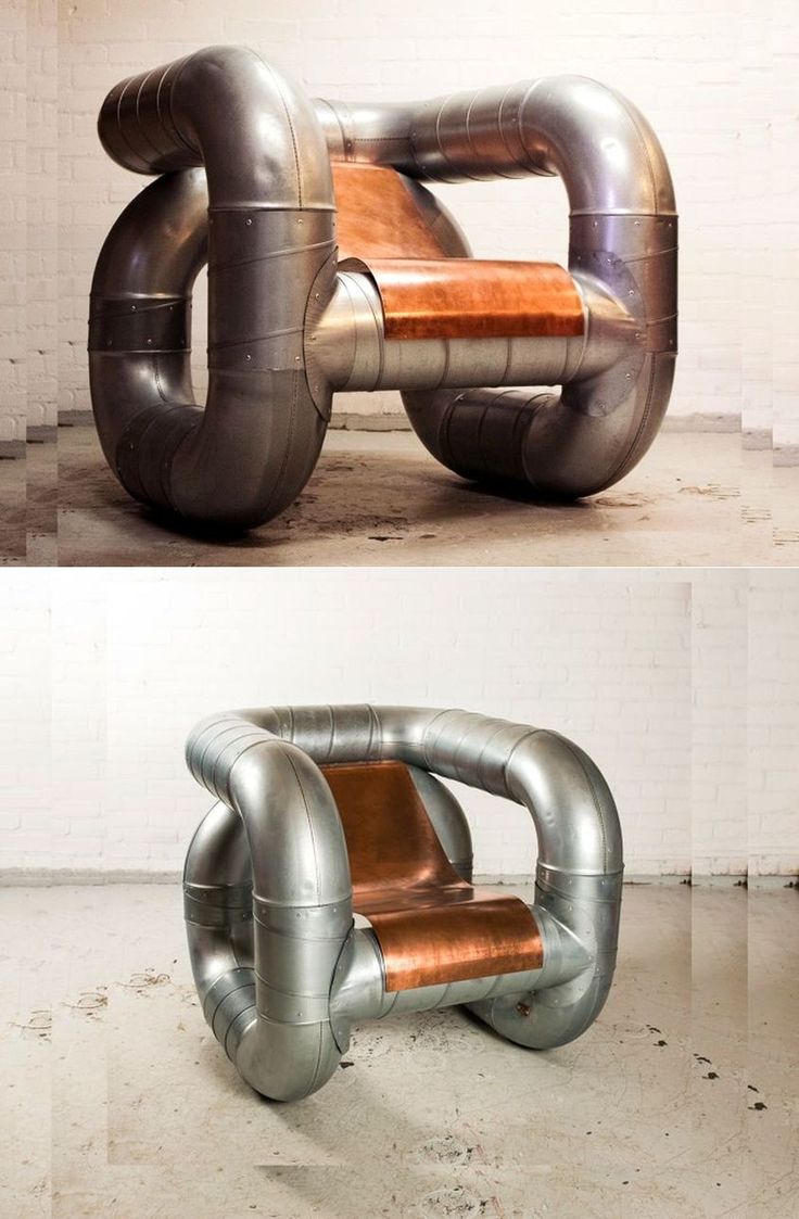 three different views of an unusual chair made out of metal pipes and wooden seat cushions