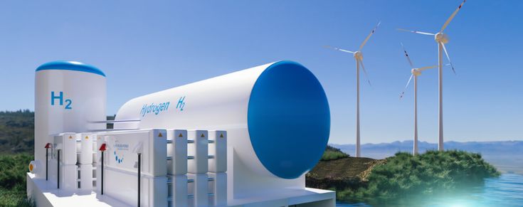 an artist's rendering of a hydrogen power plant with windmills in the background