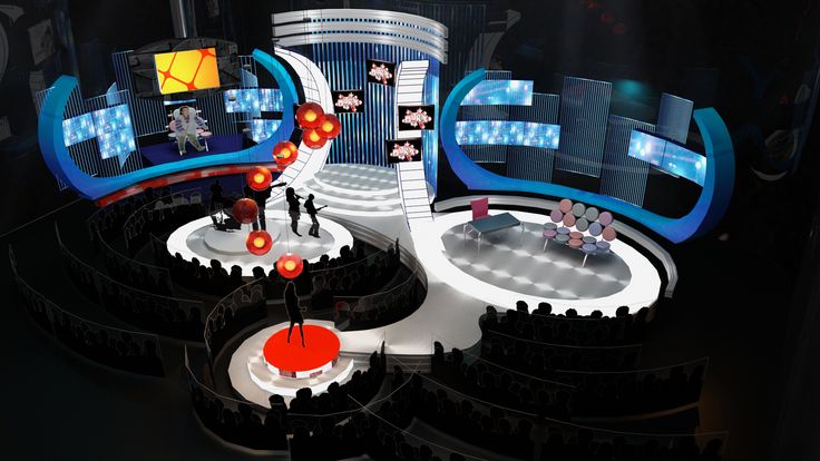 an artistic rendering of people on stage in front of large screen televisions with bright lights