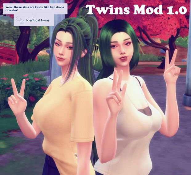 two young women standing next to each other in front of trees and bushes with the words twins mod 1 0