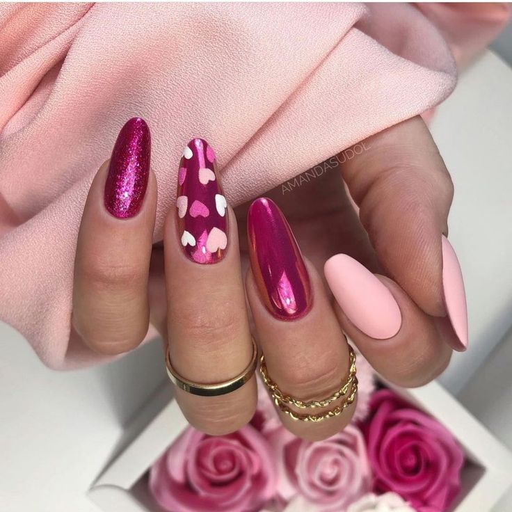 Valentine Nails Pink, Ruby Nails, Almond Nails Pink, Pink Aurora, Black Acrylic Nails, Valentine Nail Art, February Nails, Nails Cute, Long Nail Designs