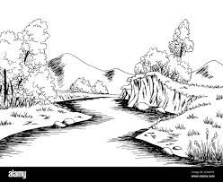 a black and white drawing of a river running through a lush green field with trees