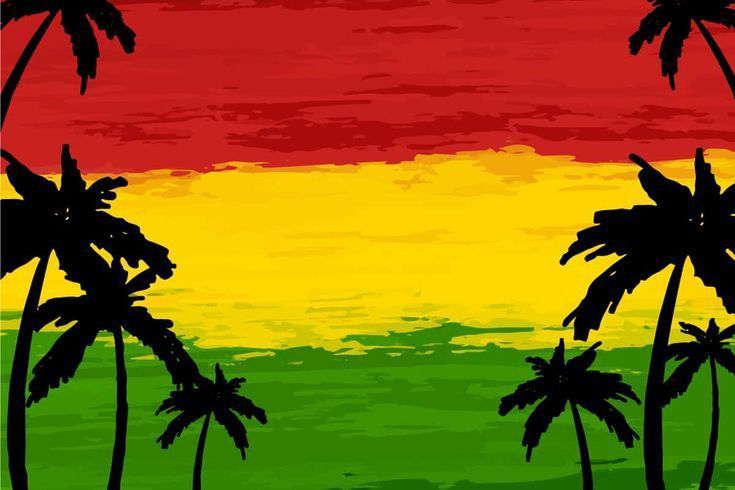 the palm trees are silhouetted against an orange, yellow and green background with red stripes