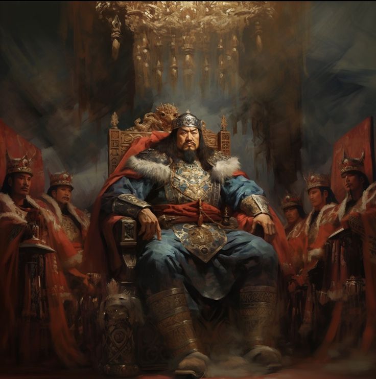 a painting of a man sitting on a throne surrounded by other men