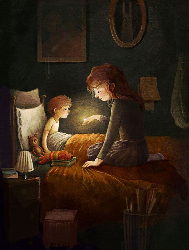 a painting of two children sitting on a bed looking at a lit candle in the dark