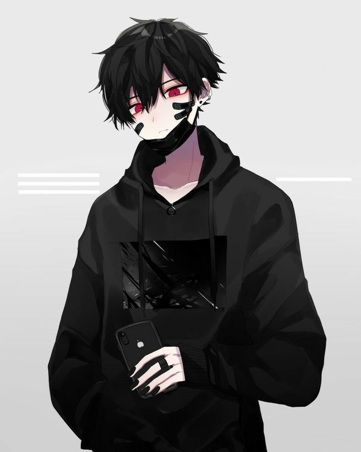 an anime character with black hair holding a cell phone in his hand and looking at the camera