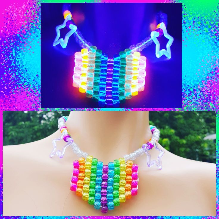 three different images of colorful necklaces on mannequin head